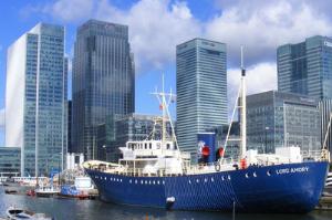 West India Docks - view of Lord Amery and Canary Wharf