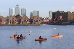 Shadwell Basin looking east towards River Thames and Canary Wharf