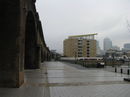 The DLR viaduct at Limehouse with Canary Wharf in the distance