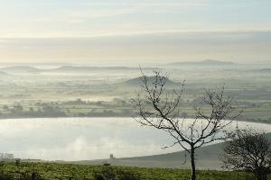 Cheddar Reservoir and Somerset Levels in mist