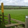 Typical Leicestershire stile and marker post. Open views to south near the start of the walk