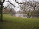 The River Soar looking towards the weir with stone bridge and cafe in the background