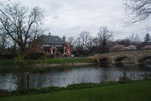 Abbey Park Tearooms and the bridge over the River Soar