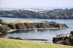 Distant view of the City of Plymouth from near Trematon Castle: across Forder Creek anf the Lynher or St. Germans River