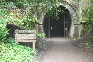 Entrance to Oxenden Tunnel (C).  This is 414m long was built by George Stephenson in 1859.