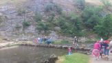 The crowds queuing to get over the stepping stones in Dovedale.