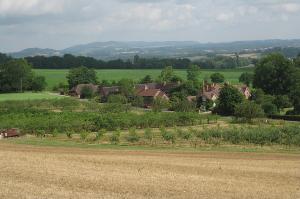 Looking down on Norrest and its apple and cherry orchards - soon after walk start