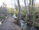 Riverside path with river on right and channel to supply former waterwheel on left.