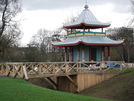 Chinese Pagoda and bridge, Victoria Park, Bow. This new pagoda bridge is part of the £12 million programme of major improvements and renovations to the park. A new riverway has been cut out to set the pagoda on an island within West Lake of the park