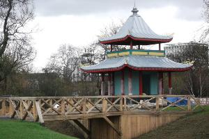 Chinese Pagoda and bridge, Victoria Park, Bow. This new pagoda bridge is part of the £12 million programme of major improvements and renovations to the park. A new riverway has been cut out to set the pagoda on an island within West Lake of the park